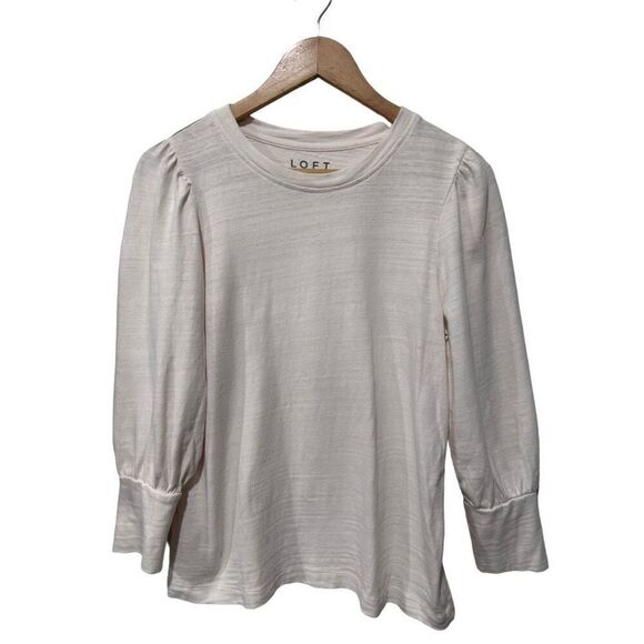 Loft Cream Burnout Knit Balloon 3/4 Sleeve Blouse Top Size Medium Minimalist - Picture 1 of 10